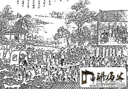 清《点石斋画报》所载庙外搭台演戏图